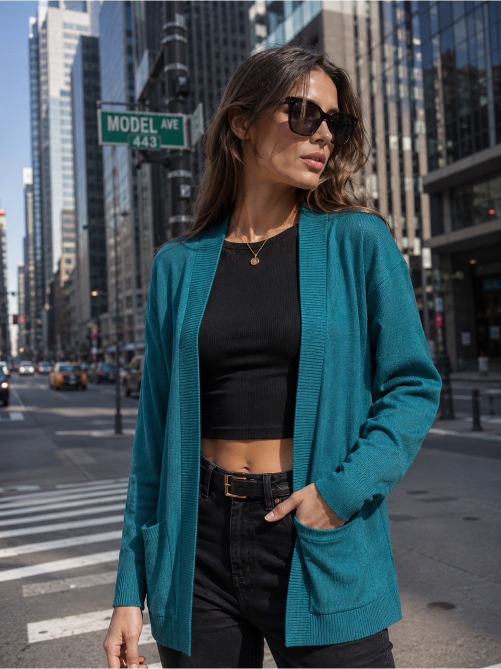 Open-Front Teal Women's Cardigan with Pockets